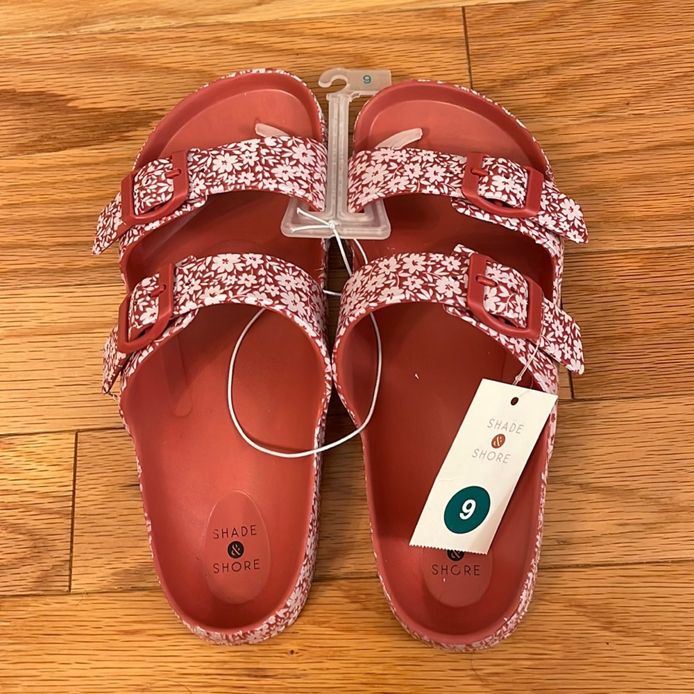 Shade & Shore Women’s Neida EVA Two Band Footbed Slide Sandals Red Floral Size 9